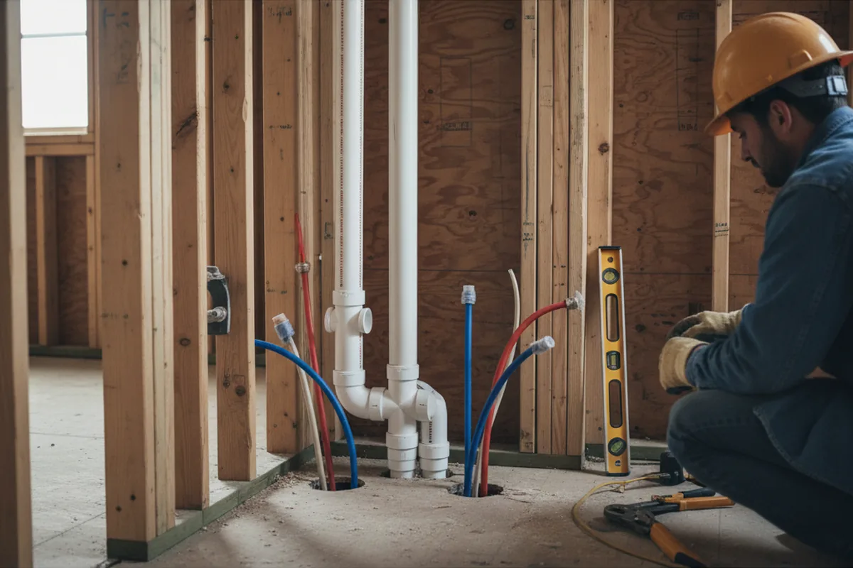 Drain and supply rough-in during Sump Pump Repair in Farmington